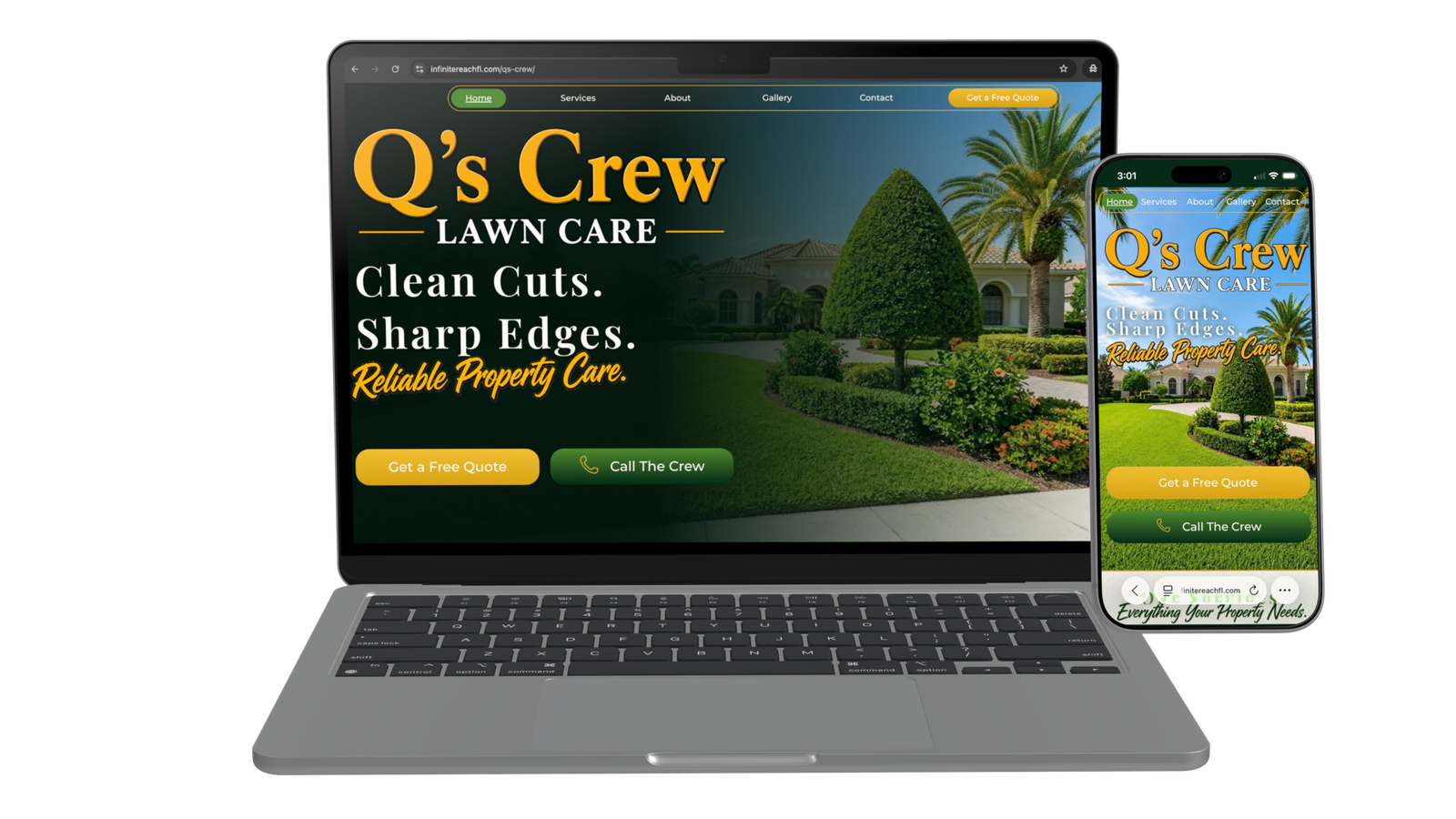 Q's Crew Lawn Care website displayed on laptop and mobile devices