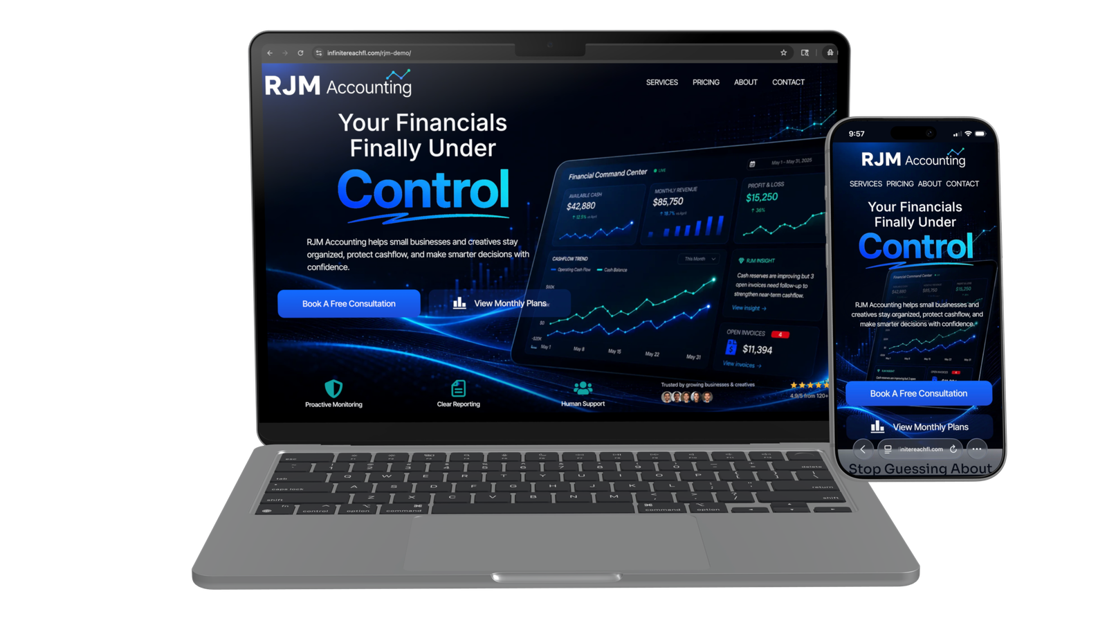 RJM Accounting website displayed on laptop and mobile devices