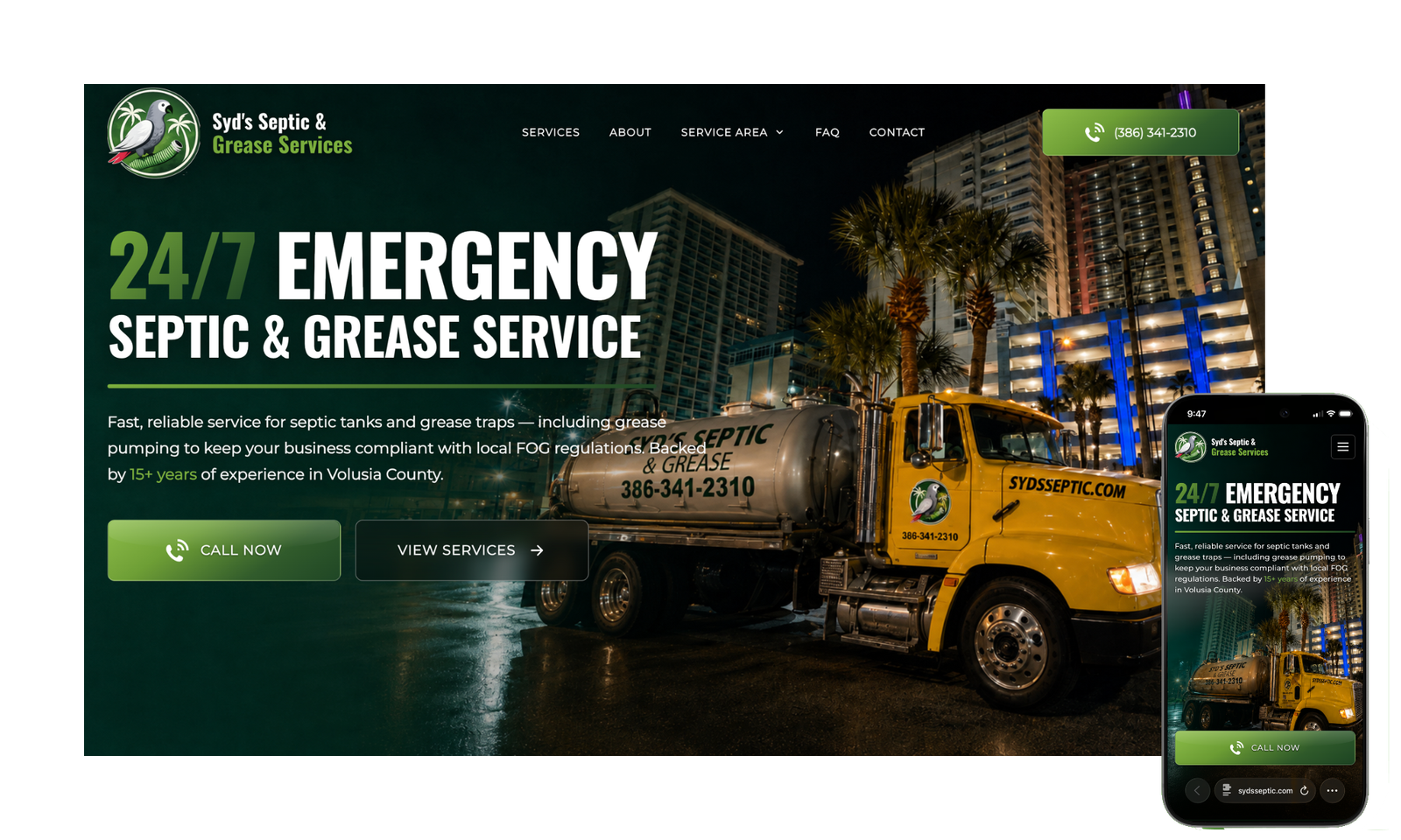 Infinite Reach portfolio example showing the Syd's Septic and Grease custom website design